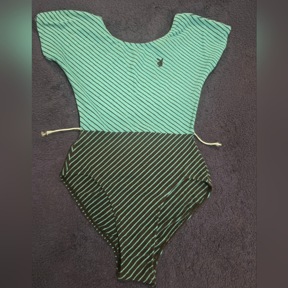 Vintage Striped Teal and Black, PlayBoy Bunny, Playmate Bodysuit